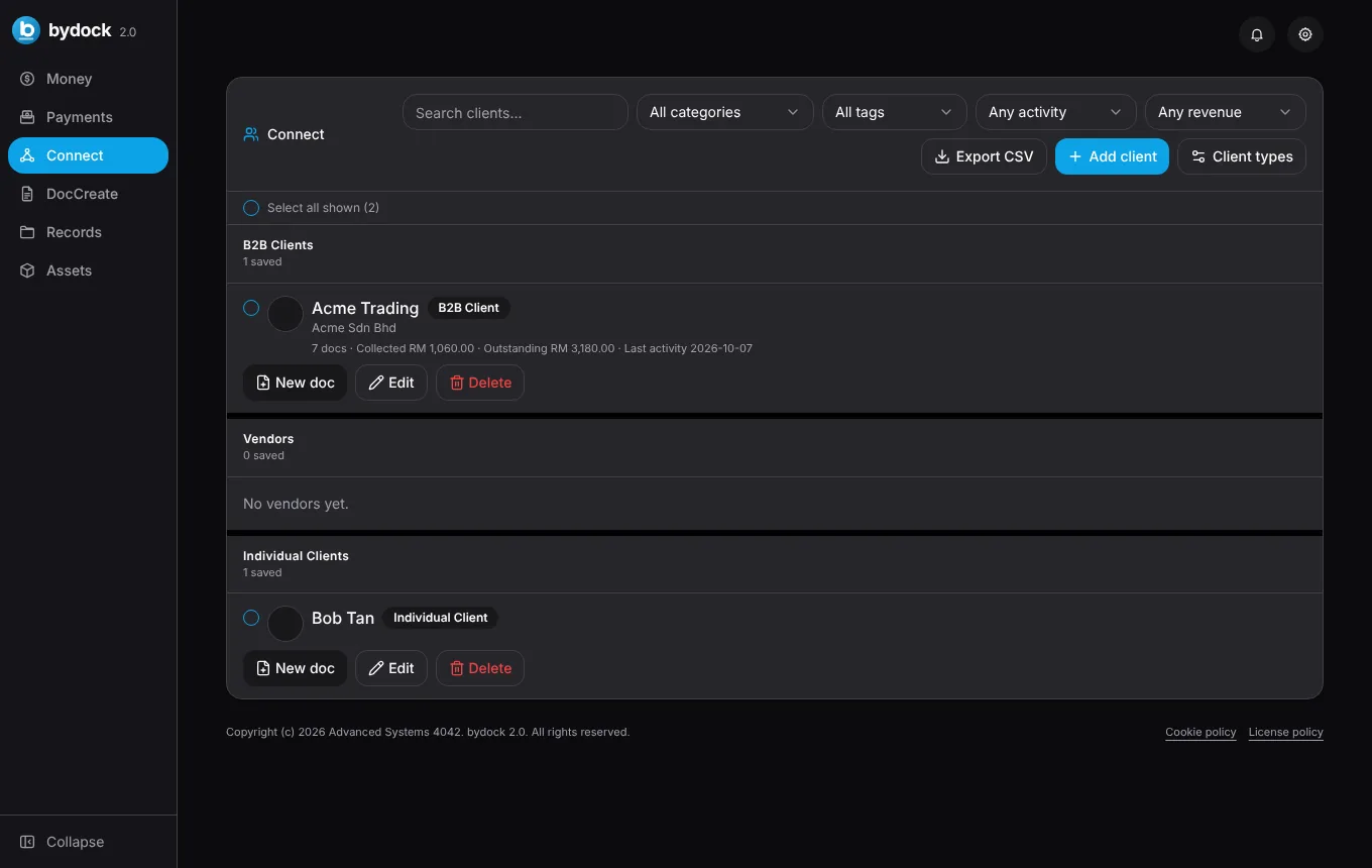 Connect client list with tags, filters and a CSV export button