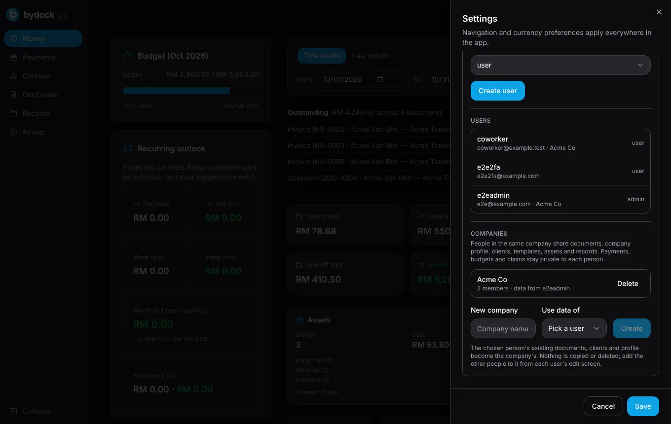 Settings page with users and companies, showing which users belong to a company
