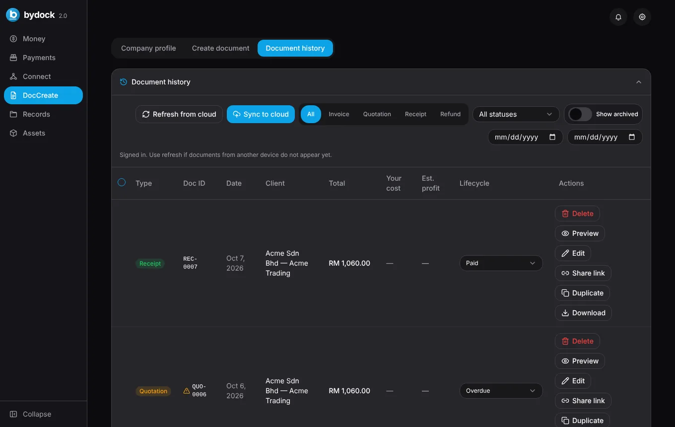 Document history listing a paid receipt and an overdue quotation, with preview, edit, share link, duplicate and download actions