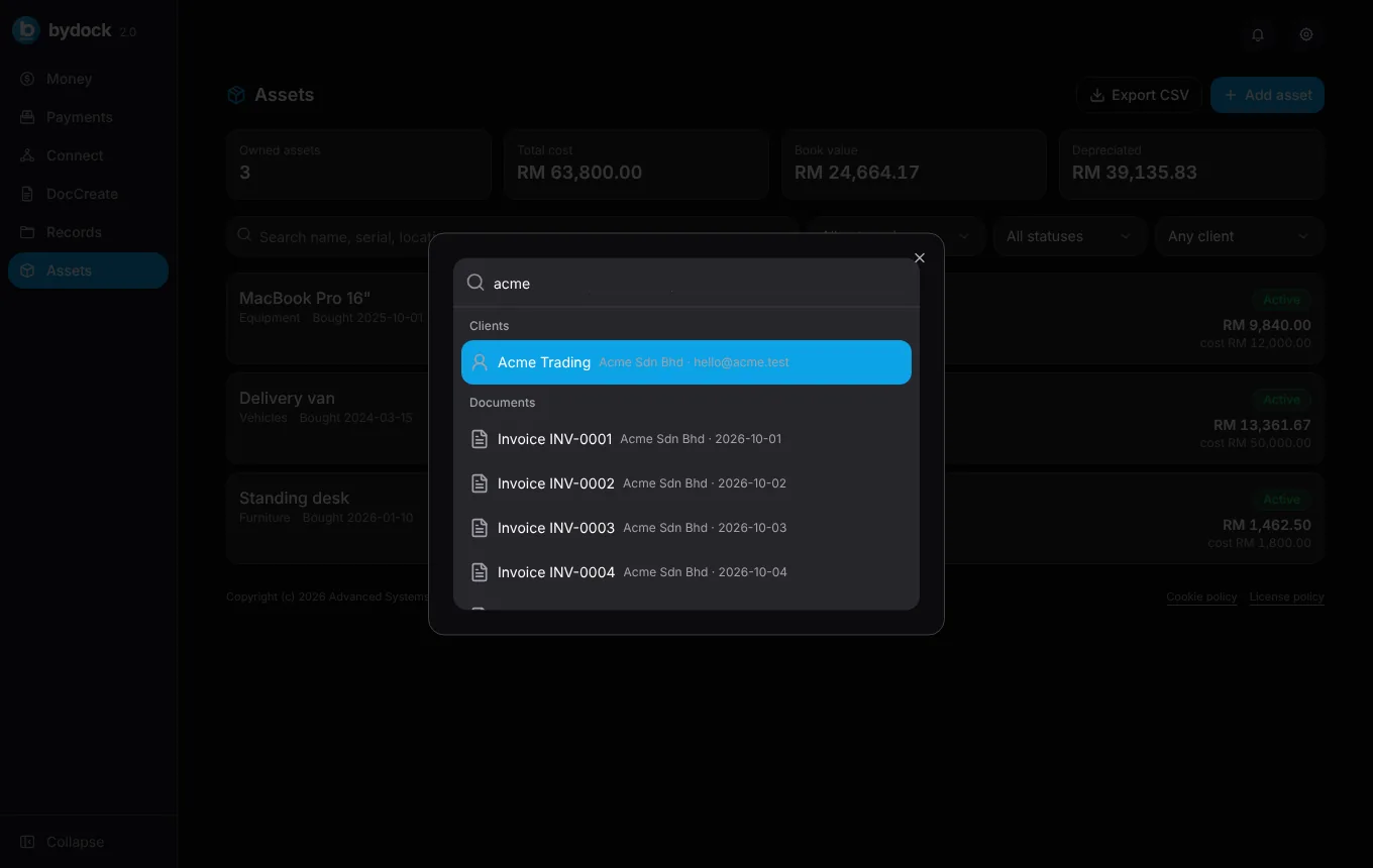 Command palette open over the app, searching clients and documents